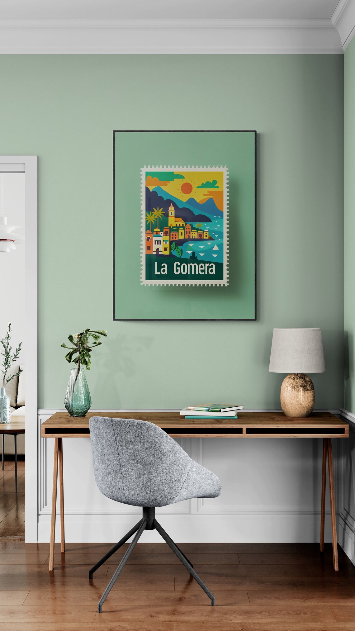 La Gomera Coastal Town Mountains Sun Postage Stamp Style Travel Poster - Image 4