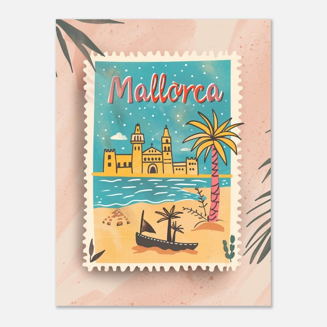 Mallorca Beach Cathedral Palm Trees Blush Vintage Stamp Travel Poster - Image 2