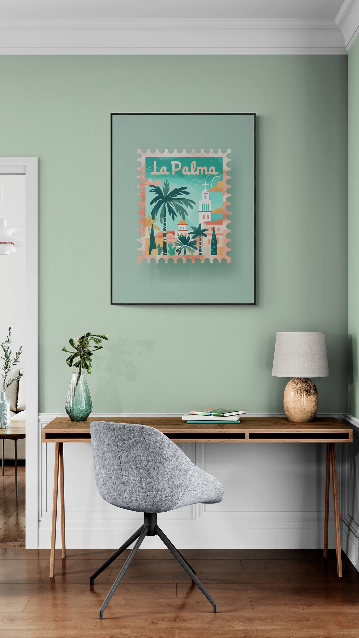 La Palma Palm Trees White Church Towers Stamp Style Travel Poster - Image 3