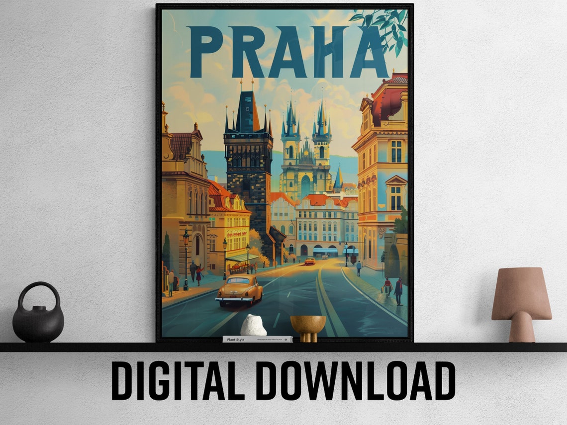 Praha Bright Golden Hour Old Town Towers Vintage Car Travel Poster