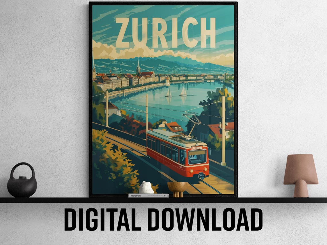 Zurich Classic Red Tram Lake Sailboats Alpine Mountain Travel Poster