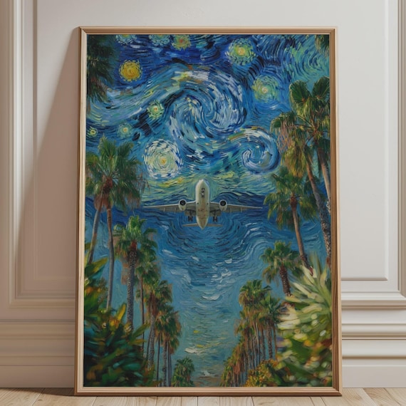 Airplane Palm Trees Van Gogh Starry Night Poster