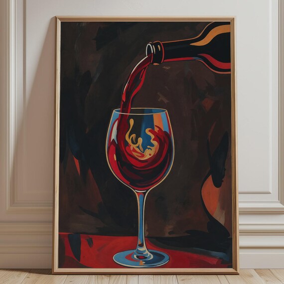 Moody Red Wine Pouring Into Glass Bold Modern Vineyard Poster