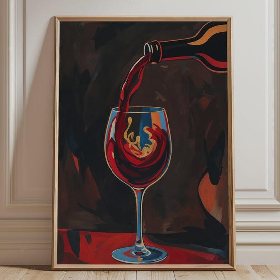 Red Wine Pour Poster Moody Glass Art Print Modern Vineyard Decor Dark Bar Wall