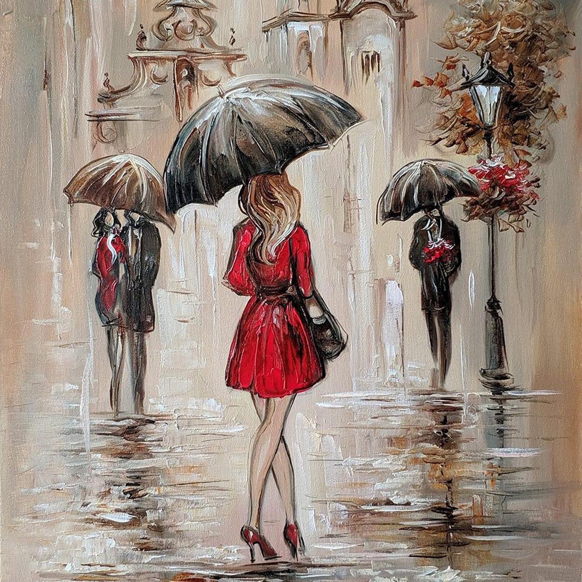 Woman Walking In The Rain Painting Girl With Umbrella Painting Rainy Day Wall Art Rainy Street Art Woman With Umbrella Red Dress Painting - Image 2