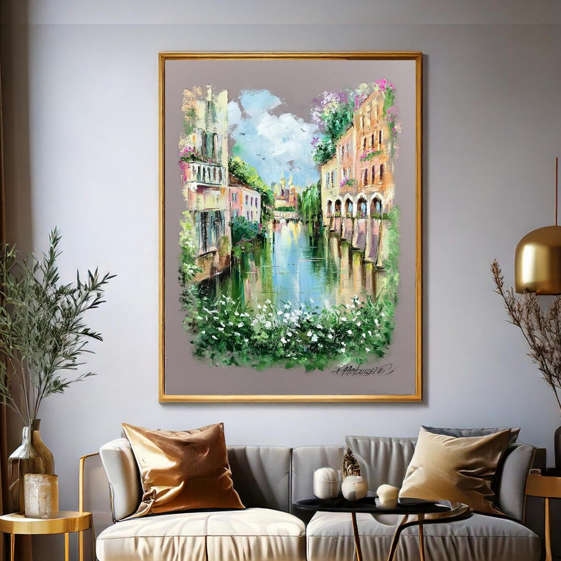 Venice Italy Canal Pastel Buildings Flower Bridge Oil Painting Poster - Image 2