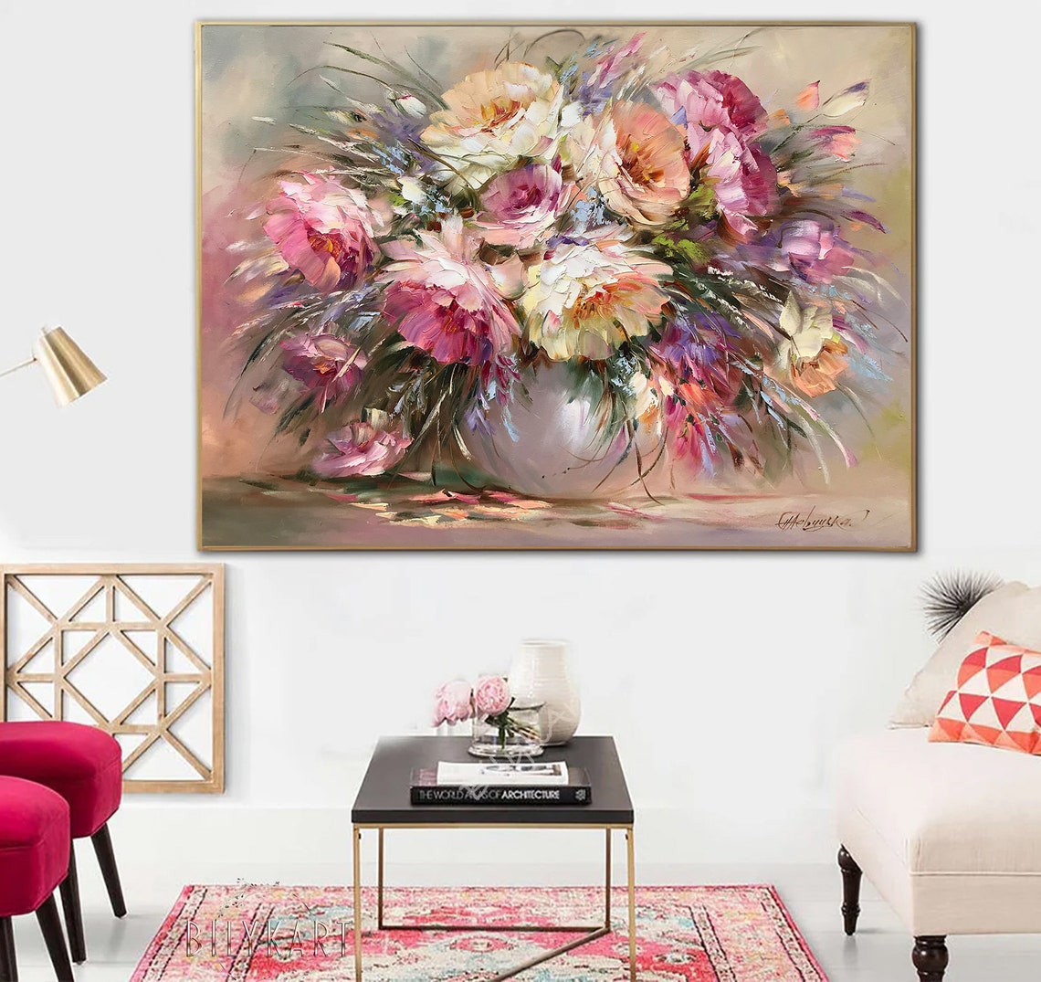 Pink Peonies Original Painting Large Flowers Wall Art Peony On Oil Painting In Bedroom Blush Pink Floral Art Peonies Wall Art - Image 3