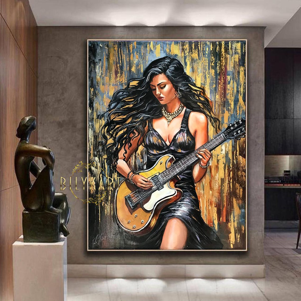 Woman With Guitar Painting Original Electric Guitar Art Guitarist Painting Abstract Guitar Art Girl With Guitar Painting Music Studio Decor