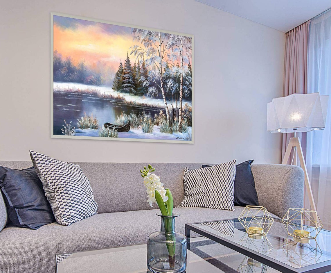 Winter Snow Sunset Birch Trees Frozen Lake Canoe Peaceful Art Poster - Image 3