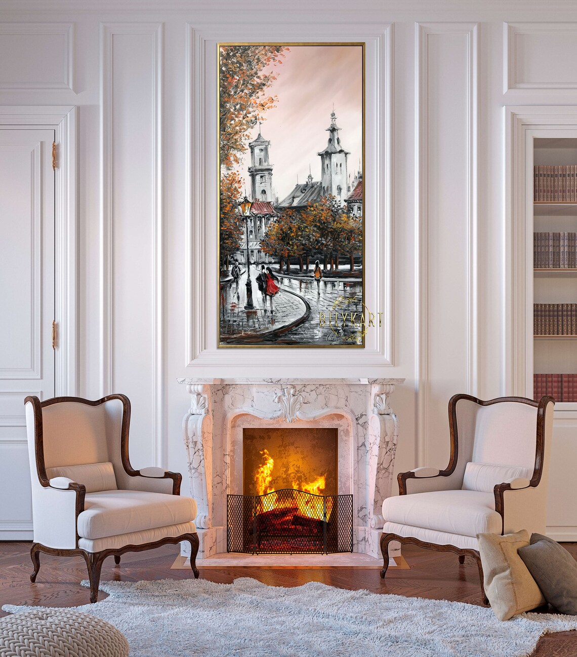 Tall City Oil Painting, Long Narrow Wall Art Print - Image 2