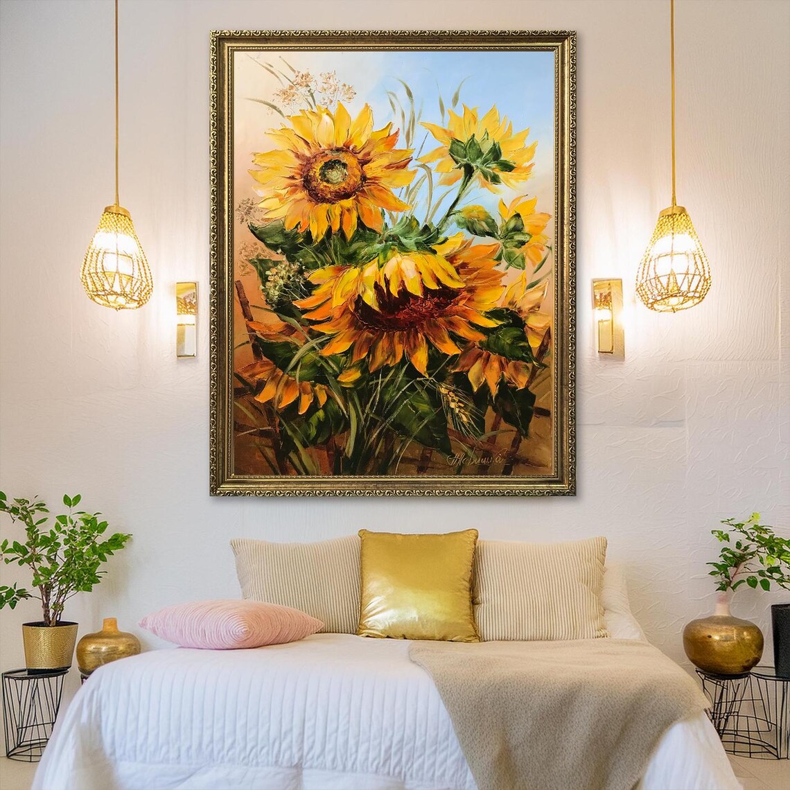 Golden Sunflowers Against Blue Sky Oil Painting Floral Wall Art - Image 2