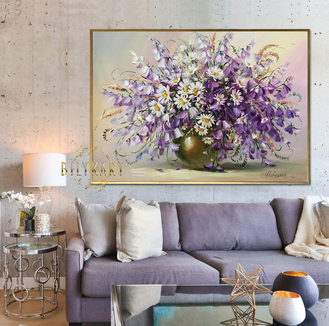 Purple Flowers Oil Painting, Daisies and Bluebells Art Print - Image 3