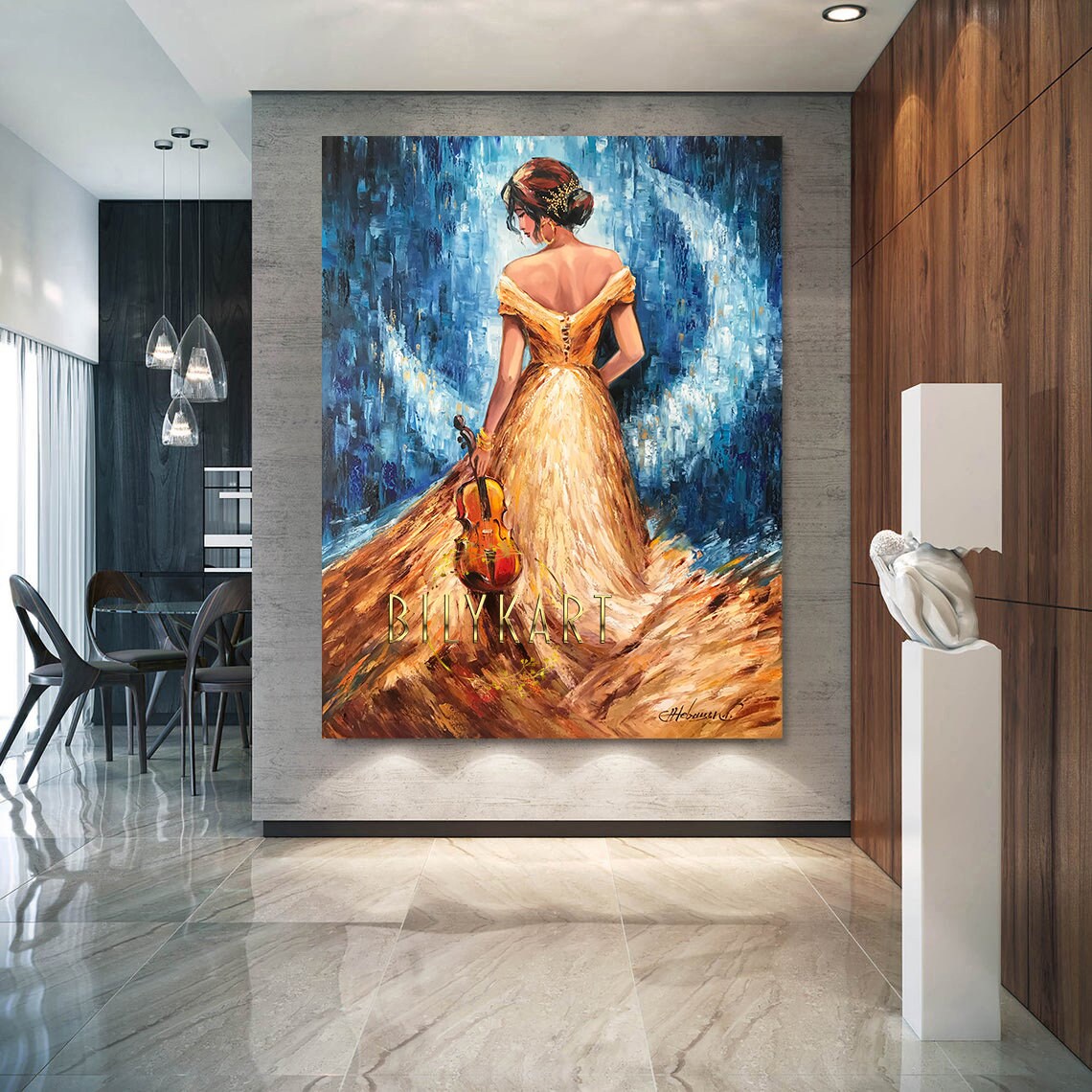 Elegant Woman Gold Dress Violin Moonlit Blue Night Music Art Poster - Image 2