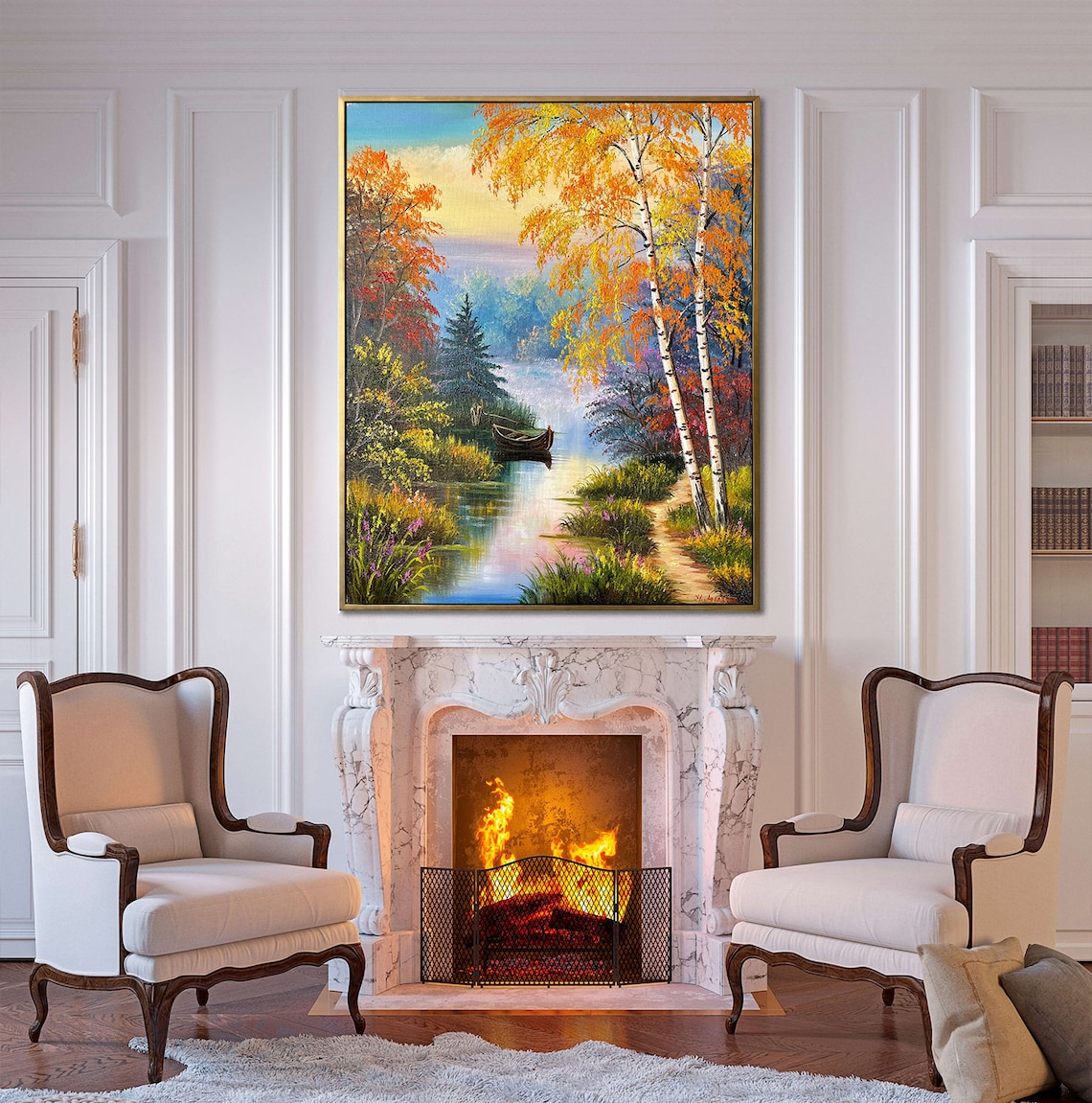 Birch Trees Landscape Oil Painting, Fall Countryside - Image 2