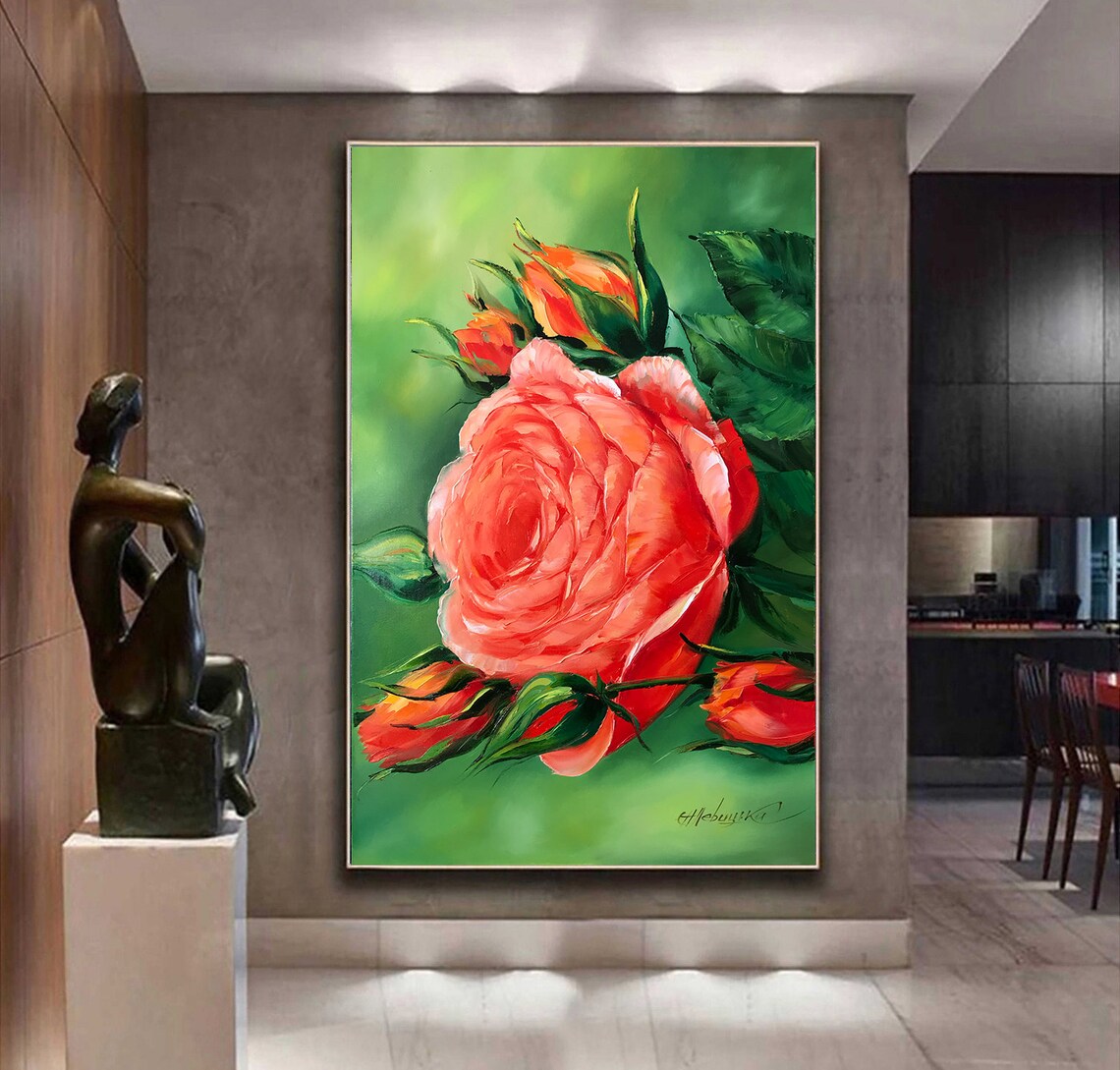 Big Red Rose Bloom Oil Painting Close-Up Floral Wall Art Poster - Image 3