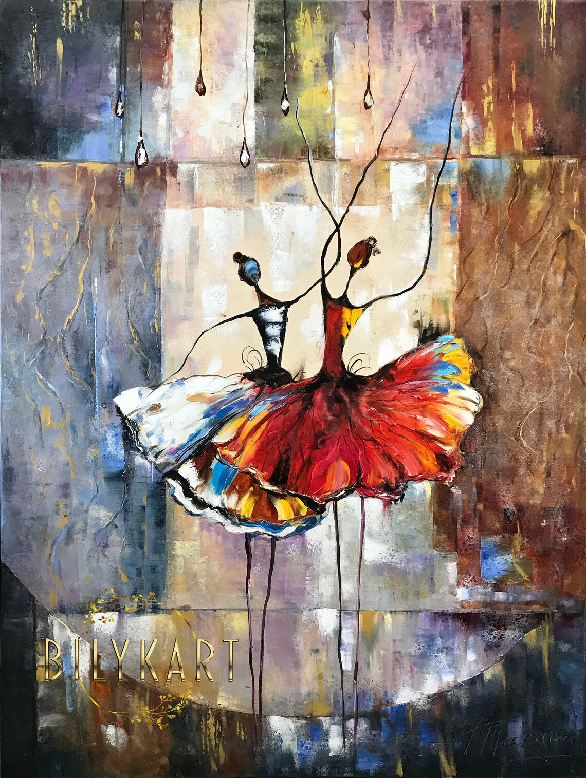 Abstract Ballerina Dancers Red Tutus Moody Brown Stage Wall Art Poster - Image 3