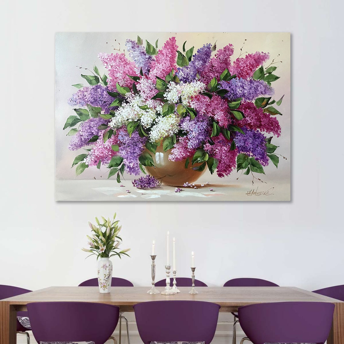 Purple Pink White Lilac Bouquet In Vase Still Life Floral Art Poster - Image 2