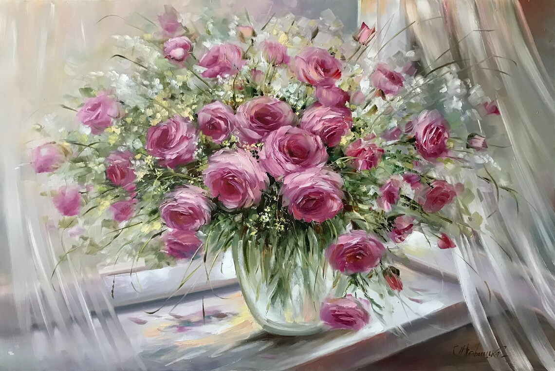 Pink Roses Still Life, Ukrainian Floral Art Print