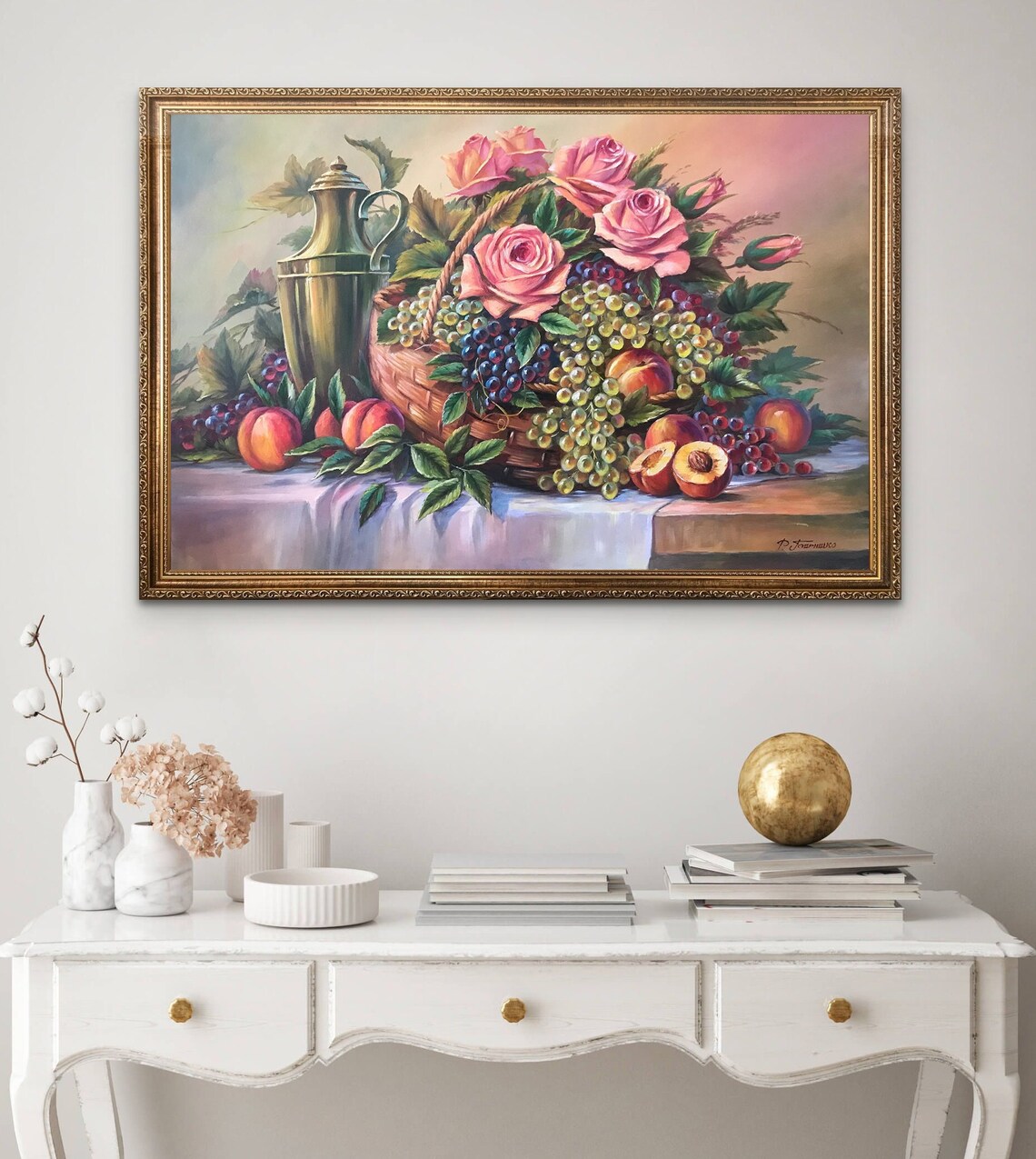Still Life Fruit Basket, Classical Oil Painting Art Print - Image 2