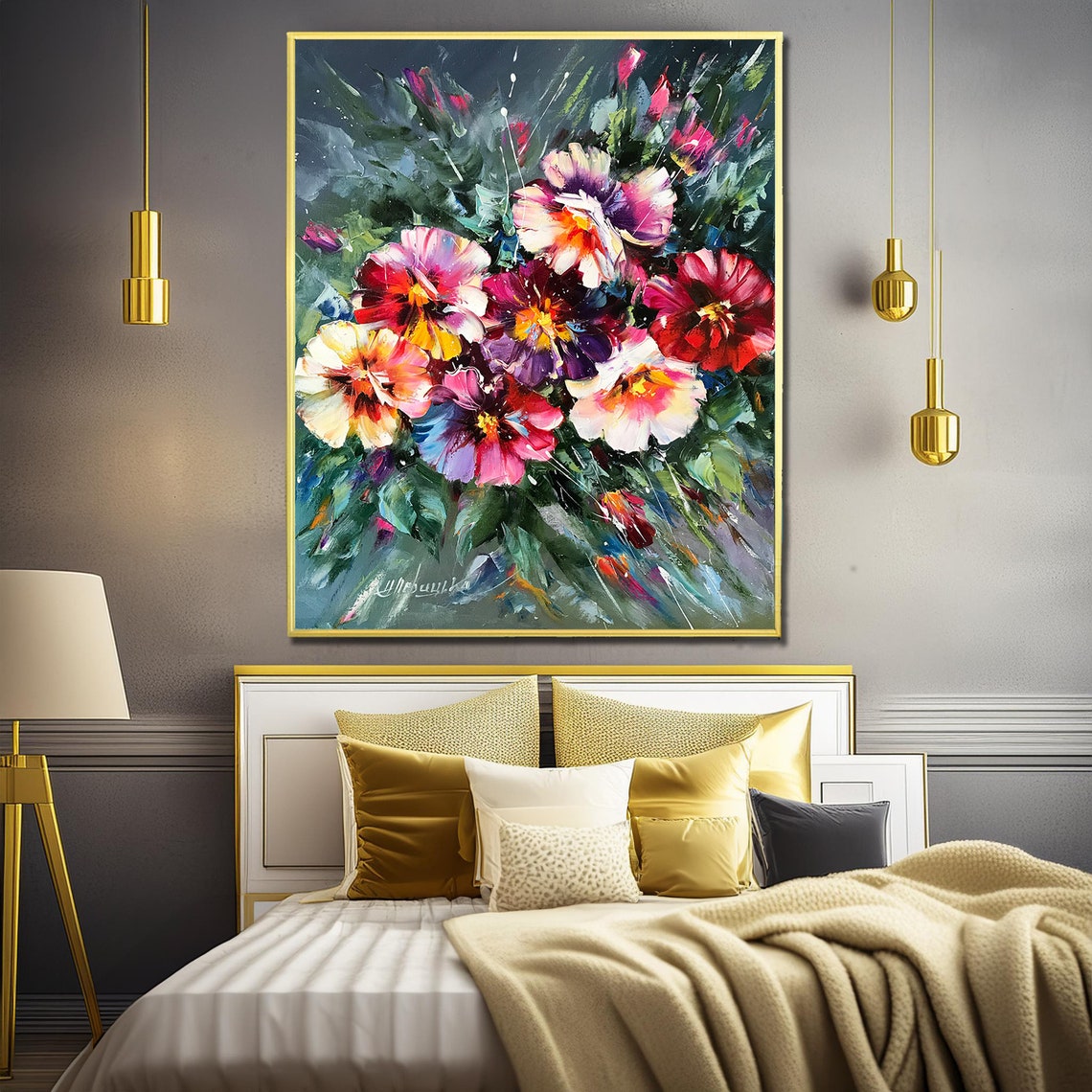 Pansies Painting Original Pansies Art Impasto Painting On Purple Flowers Art Spring Flowers Oil Painting Purple Green Floral Wall Art - Image 2