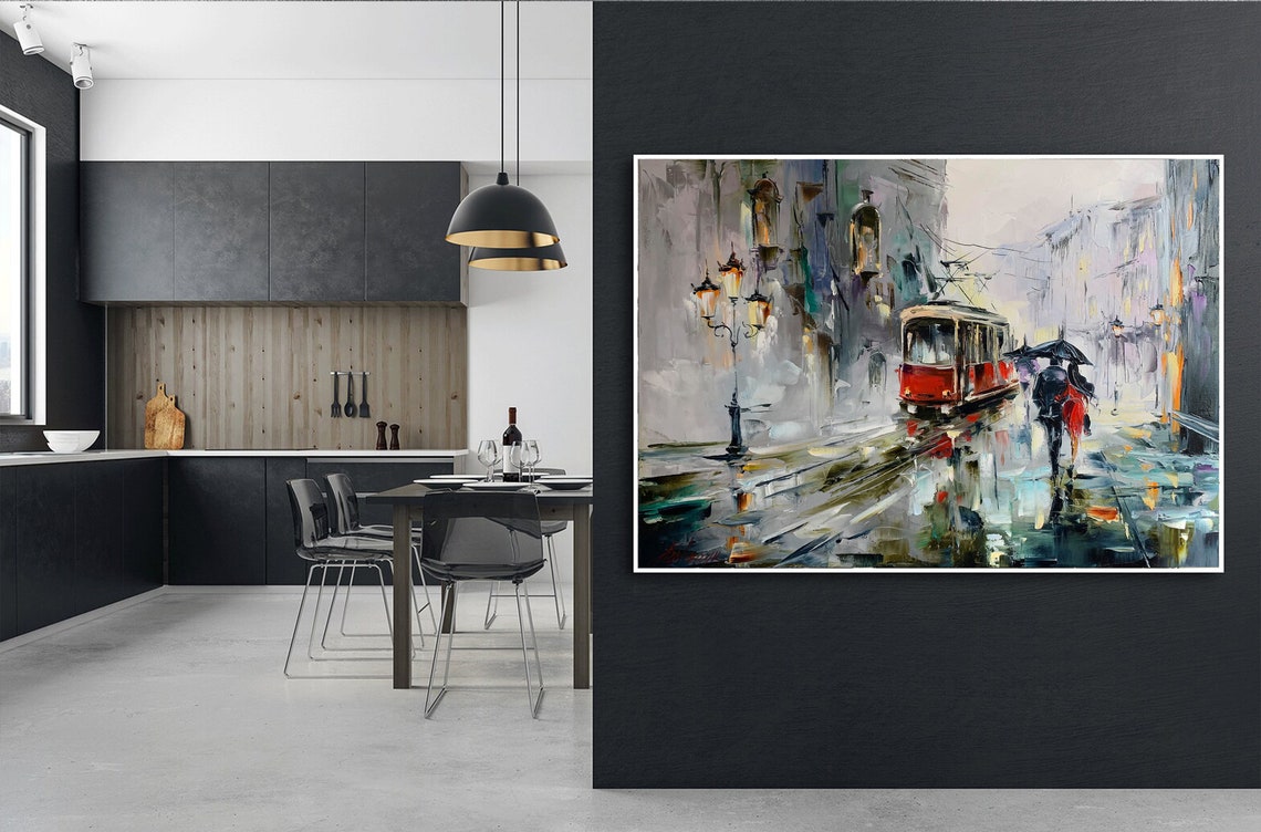 Rainy City Street Painting On Landscape City Artwork Prague Painting Original European Wall Art Large City Scape Oil Painting - Image 3