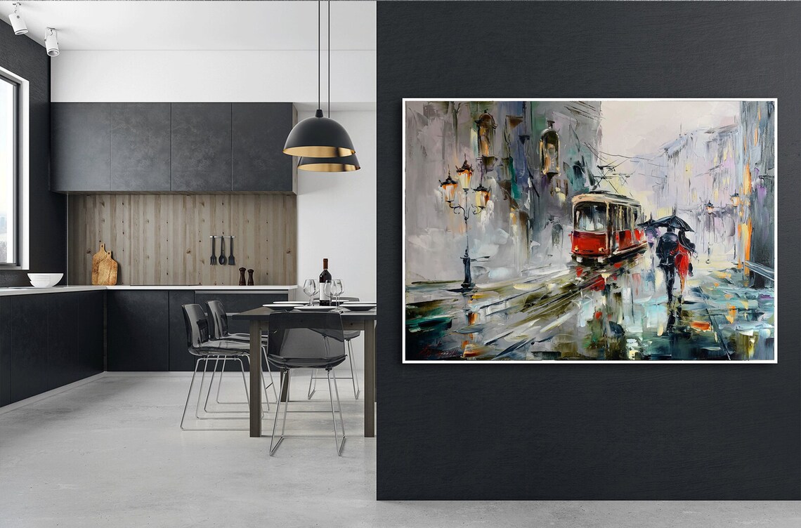 Rainy European City Street Red Tram Umbrella Couple Art Poster - Image 3