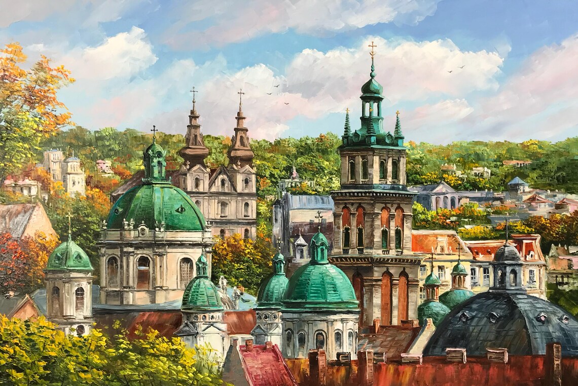 Lviv Ukraine Old Town Green Dome Church Cityscape Oil Painting Poster