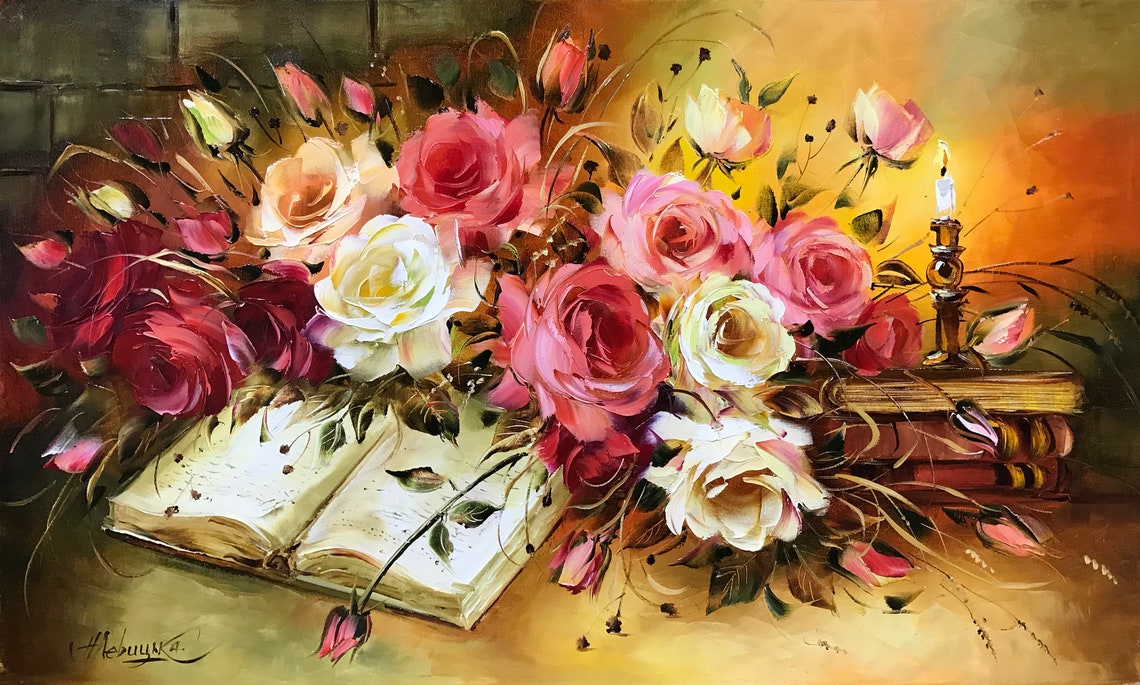 Vintage Roses Oil Painting Original Hand Painted Floral Art Classical Roses Painting Vintage Flowers Paintings Rose Flowers Wall Art