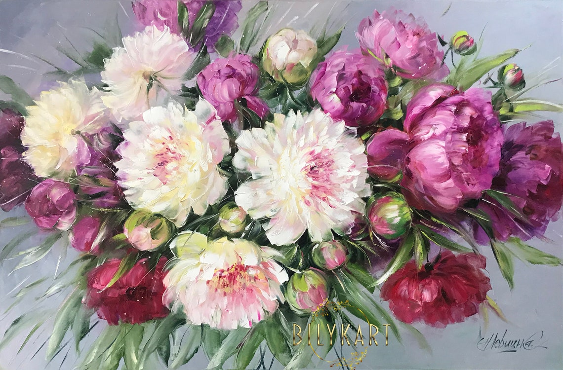 White Pink Purple Peonies Bouquet Soft Elegant Floral Bloom Poster