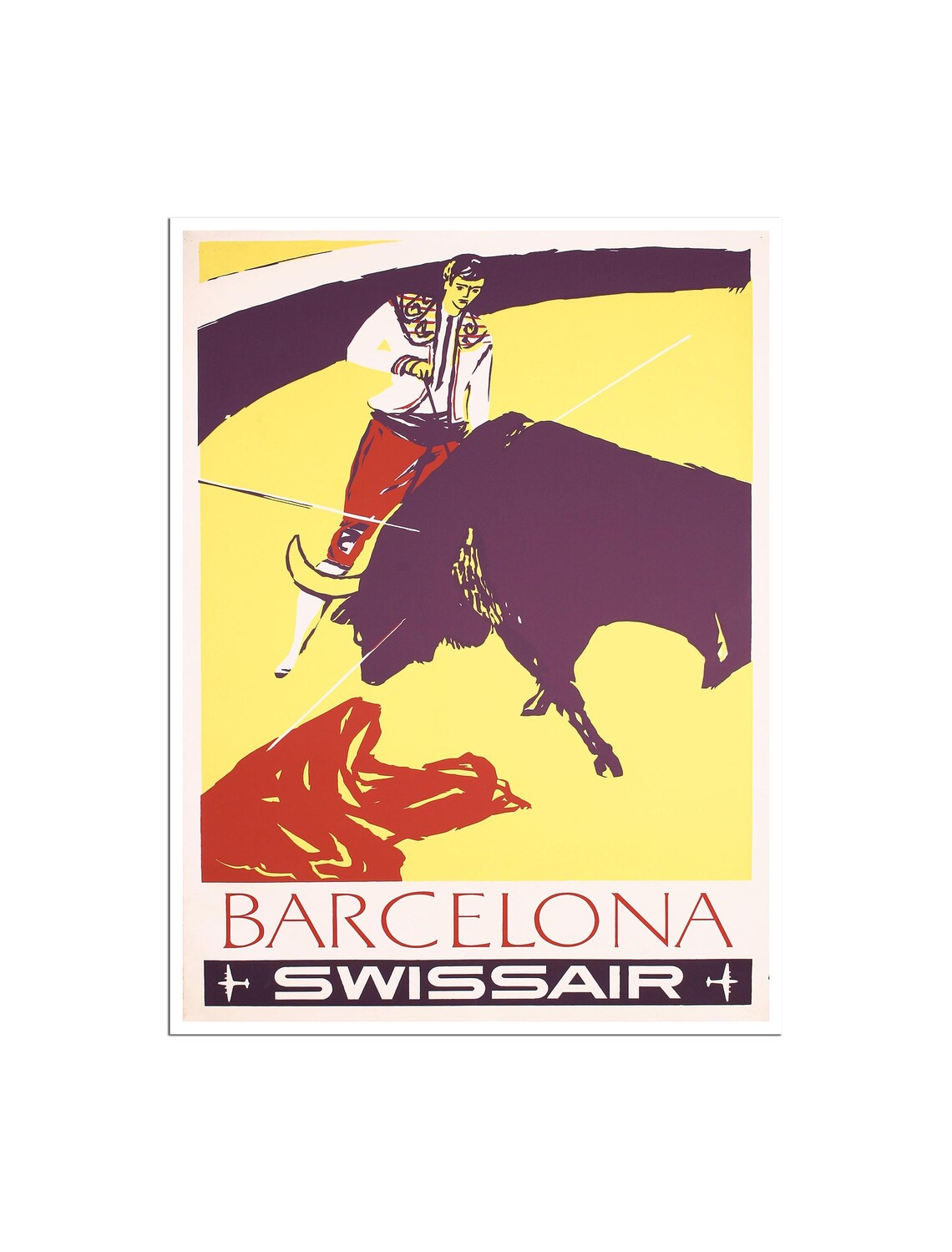 Barcelona Swissair Vintage Matador Bull Bullfight Spain Travel Poster