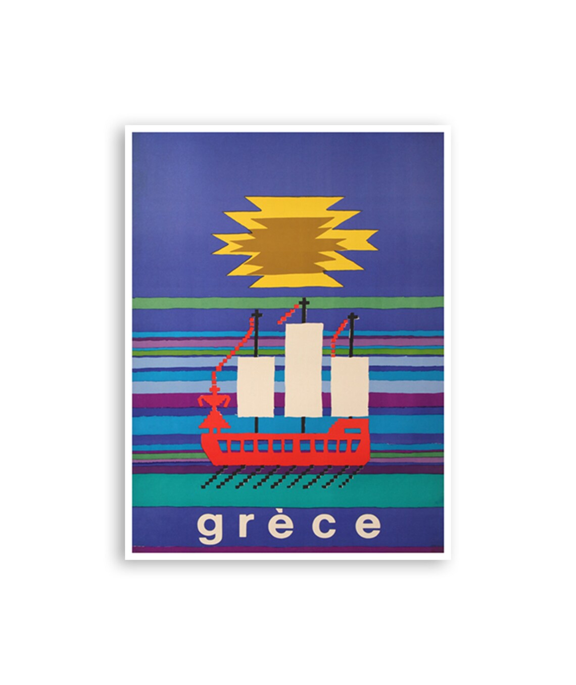 Greece Sailing Ship Sun Bold Striped Sea Modernist Travel Poster
