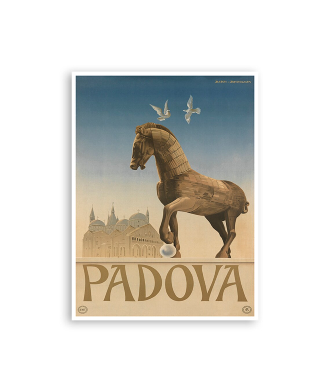 Padova Italy Wooden Horse Basilica Domes Doves Vintage Travel Poster