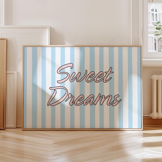 Sweet Dreams Blue Striped Script Quote Poster Nursery Wall Decor
