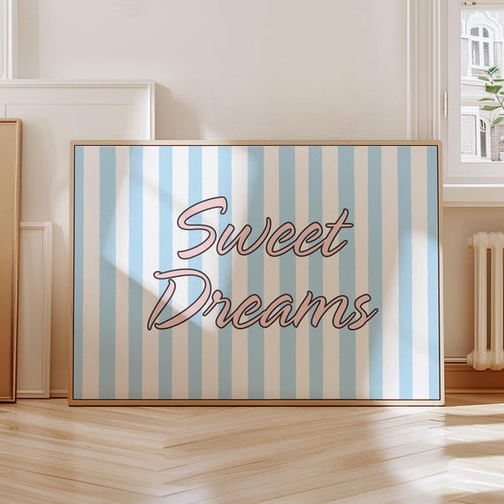 Sweet Dreams Print Light Blue Striped Coquette Room Decor Cute Apartment Gift Above Bed Art New Baby Horizontal Kids