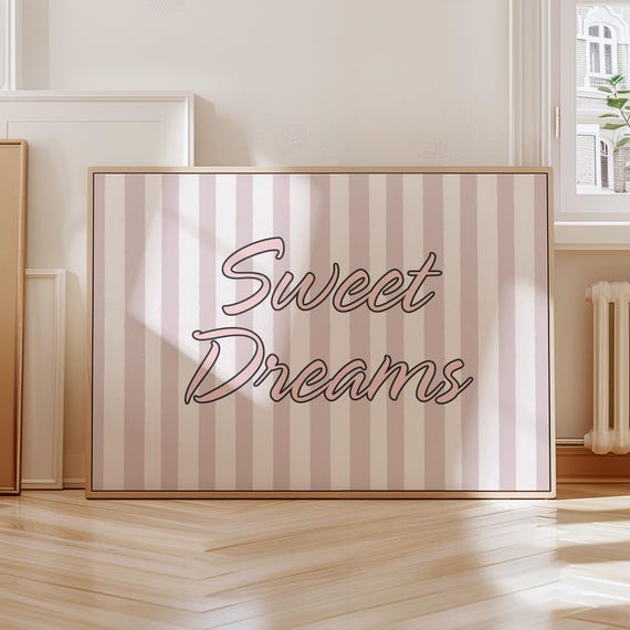 Sweet Dreams Art Print Light Pink Striped Girl Nursery Decor Horizontal Coquette Room Cute Apartment Above Bed New Baby Gift