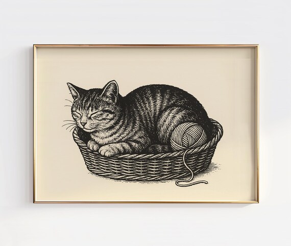 Vintage Tabby Cat Sleeping Basket Yarn Ball Engraving Style Poster