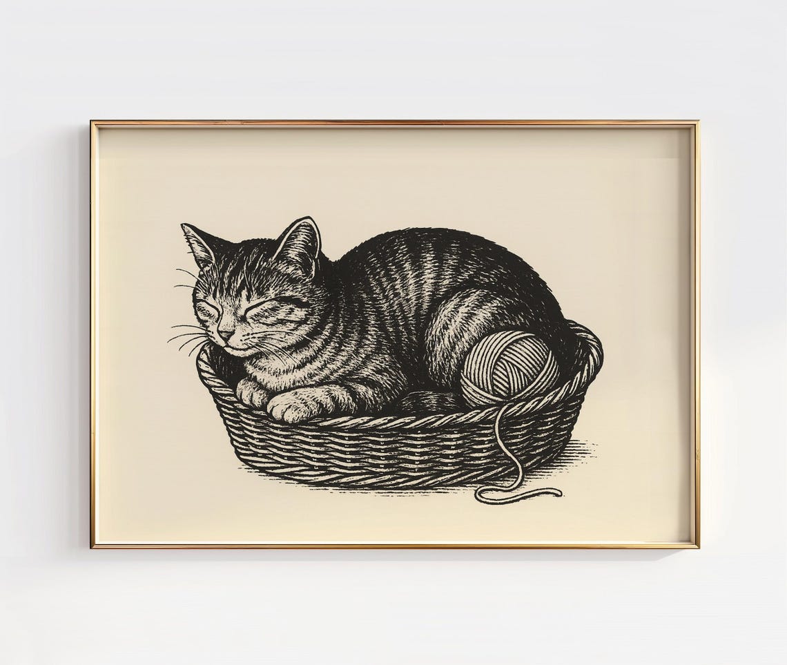 Vintage Tabby Cat Sleeping Basket Yarn Ball Engraving Style Poster