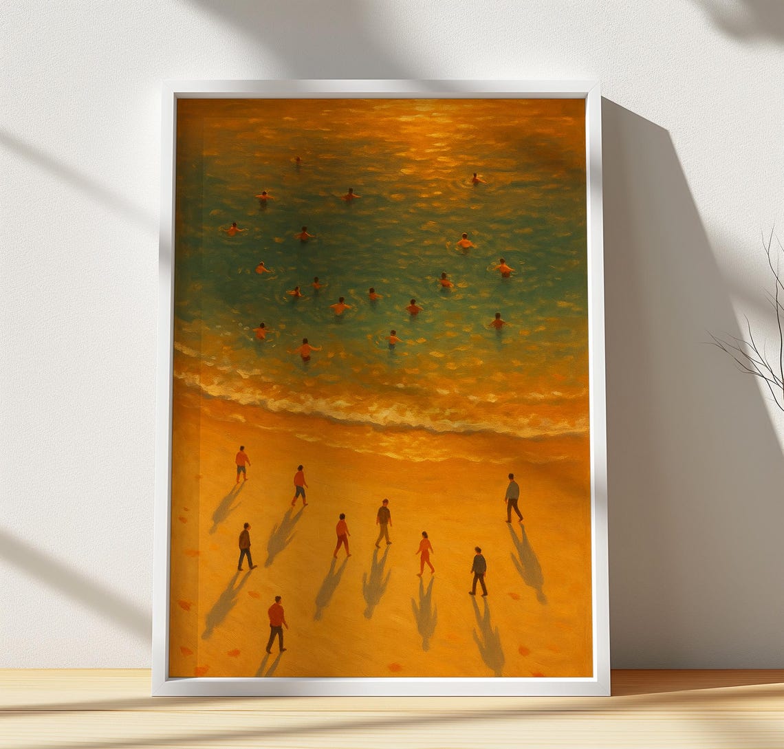 Golden Hour Beach Swimmers Long Shadows Warm Orange Glow Poster