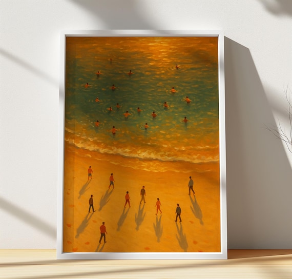 Golden Hour Beach Swimmers Long Shadows Warm Orange Glow Poster