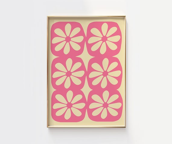 Pink Cream Retro Flower Tiles Groovy Pattern Wall Poster for Kitchen Wall Decor