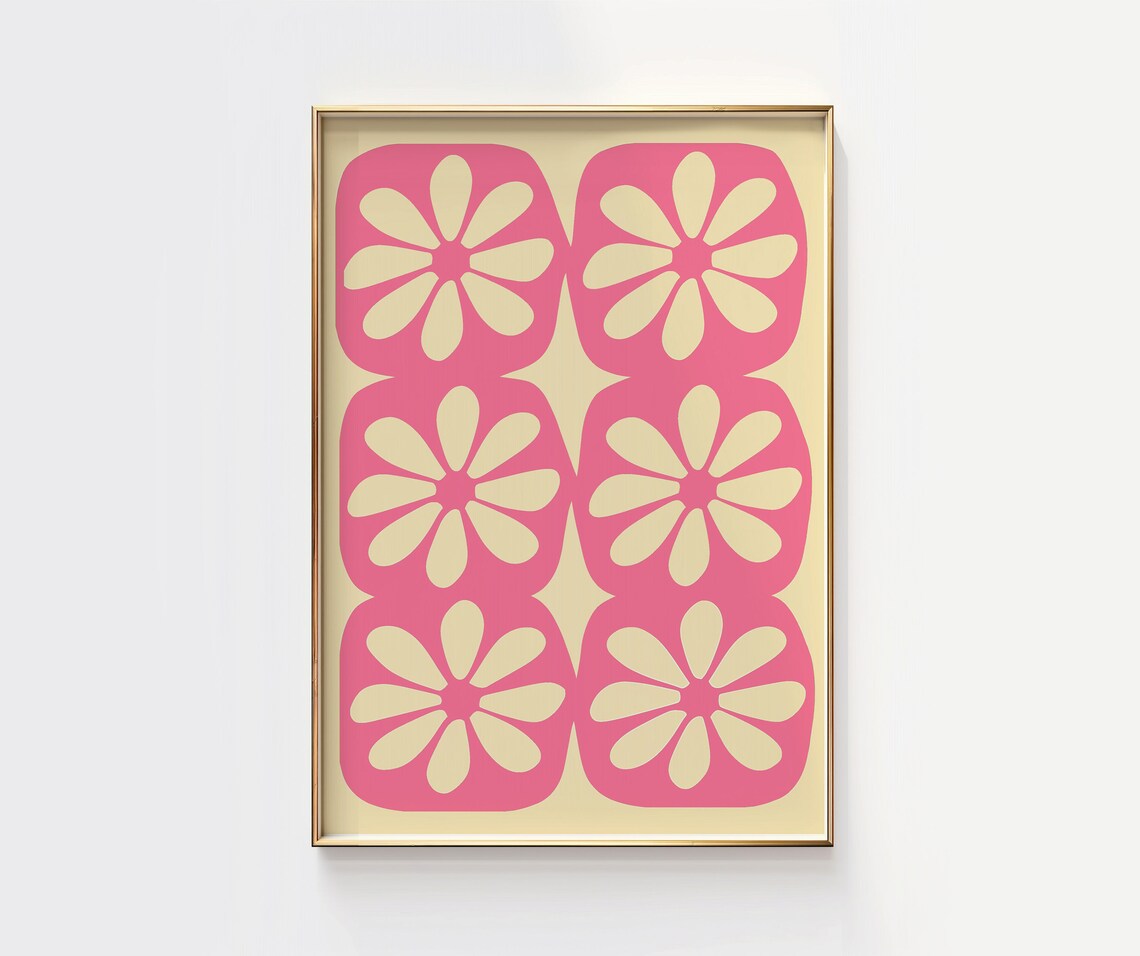 Pink Cream Retro Flower Tiles Groovy Pattern Wall Poster for Kitchen Wall Decor