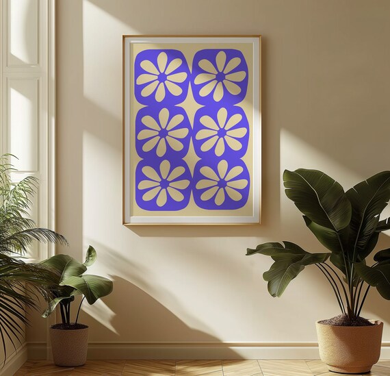 Cobalt Blue Cream Retro Flower Tile Pattern Wall Poster for Contemporary Interiors