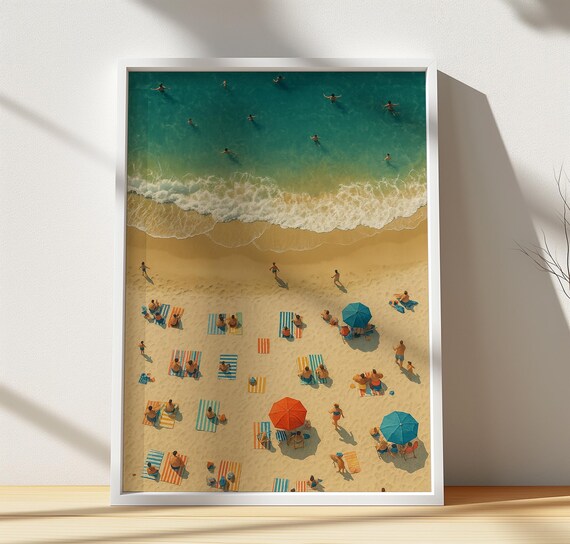 Aerial Beach View Colorful Umbrellas Turquoise Ocean Summer Poster