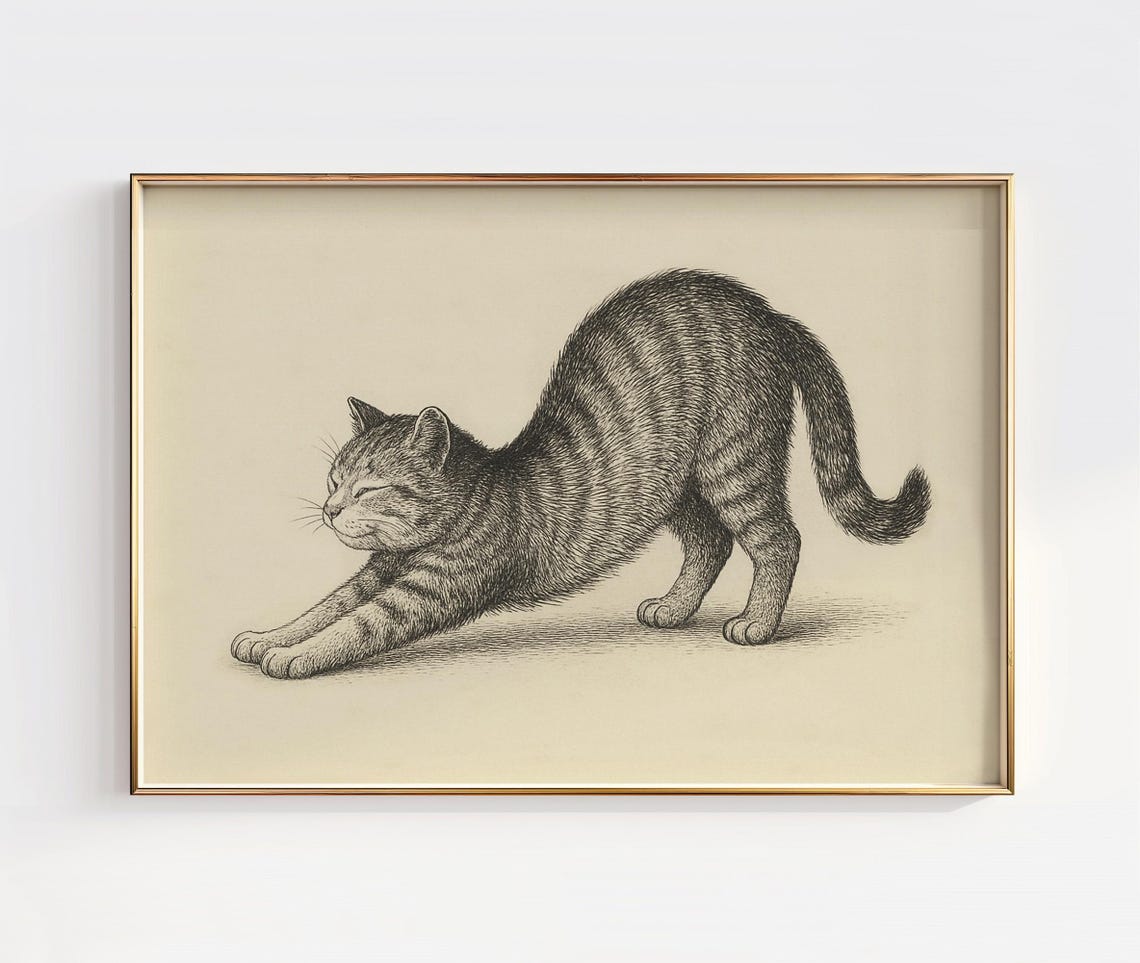 Stretching Tabby Cat Morning Stretch Vintage Ink Sketch Art Poster