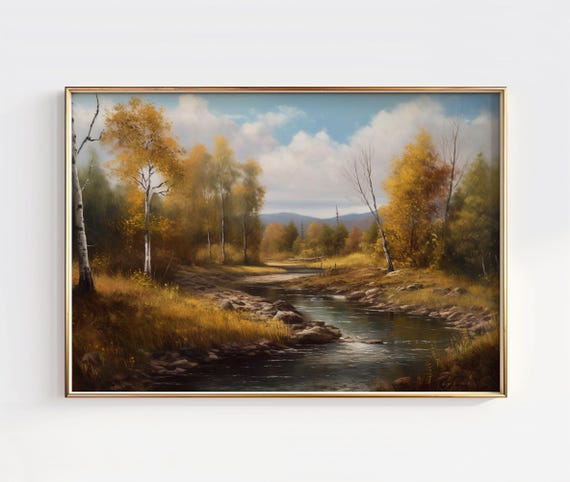Autumn Birch Tree Landscape Print Golden Forest Stream
