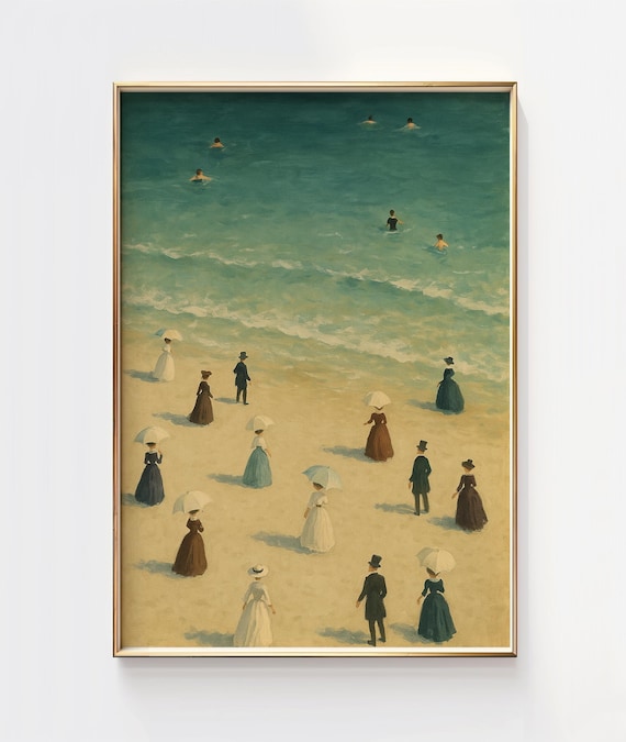 Victorian Beach Scene Vintage Parasol Swimmers Elegant Poster