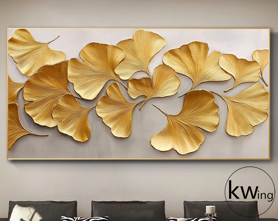 Gold Ginkgo Leaves 3D Relief Botanical Painting Luxury Wall Art Poster