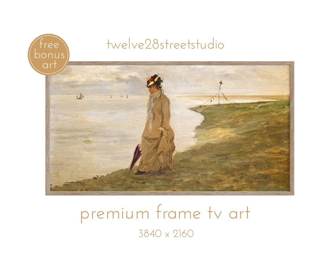 Woman Walking Coastal Path Seaside Dunes Vintage Style Art Print