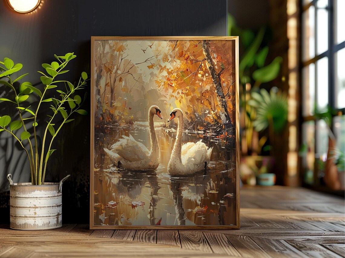 Two White Swans Golden Autumn Pond Romantic Wildlife Art Print - Image 3