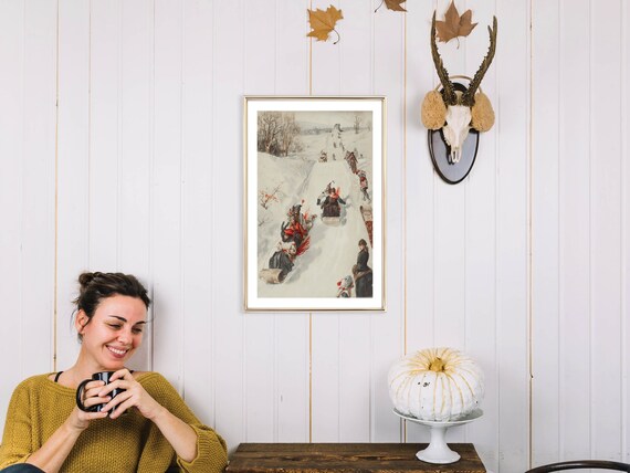 Vintage Winter Sleigh Ride Party Scene On A Snowy Hill Poster
